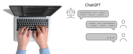 Ein Laptop und ein gezeichneter, fiktiver Chat zwischen einem Nutzer und ChatGPT