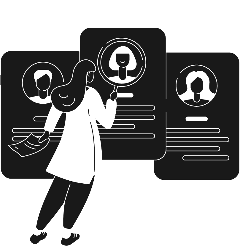 Illustration einer Person, die verschiedene Personenprofile analysiert