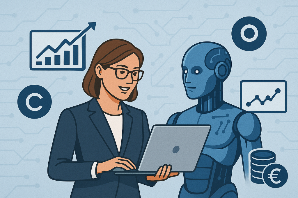 KI-generiertes Nild einer Frau mit einem Laptop,neben ihr assistierend ein Roboter