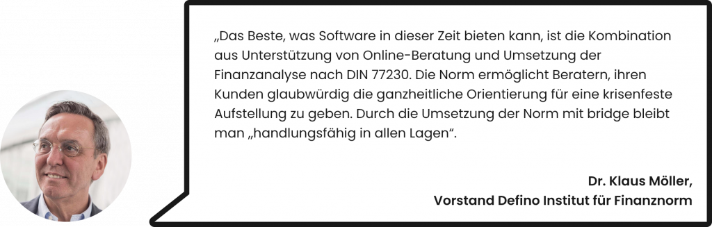 "Das Beste, was Software in dieser Zeit bieten kann, ist die Kombination aus Unterstützung von Online-Beratung und Umsetzung der DIN 77230. Die Norm ermöglicht Beratern, ihren Kunden glaubwürdig die ganzheitliche Orientierung für eine krisenfeste Aufstellung zu geben. Durch die Umsetzung der Norm mit bridge bleibt man "handlungsfähig in allen Lagen". Dr. Klaus Möller, Vorstand Defino Institut für Finanznorm