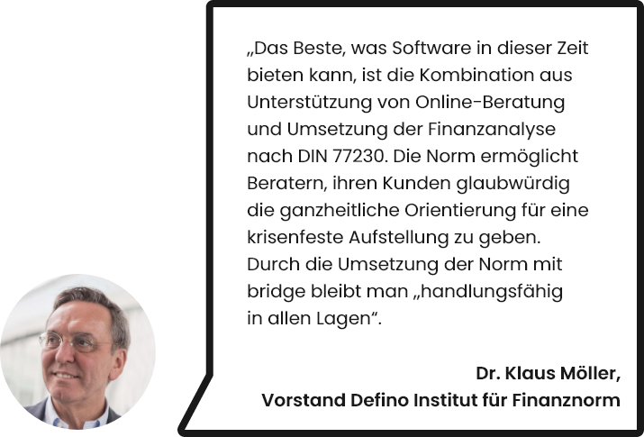 "Das Beste, was Software in dieser Zeit bieten kann, ist die Kombination aus Unterstützung von Online-Beratung und Umsetzung der DIN 77230. Die Norm ermöglicht Beratern, ihren Kunden glaubwürdig die ganzheitliche Orientierung für eine krisenfeste Aufstellung zu geben. Durch die Umsetzung der Norm mit bridge bleibt man "handlungsfähig in allen Lagen". Dr. Klaus Möller, Vorstand Defino Institut für Finanznorm